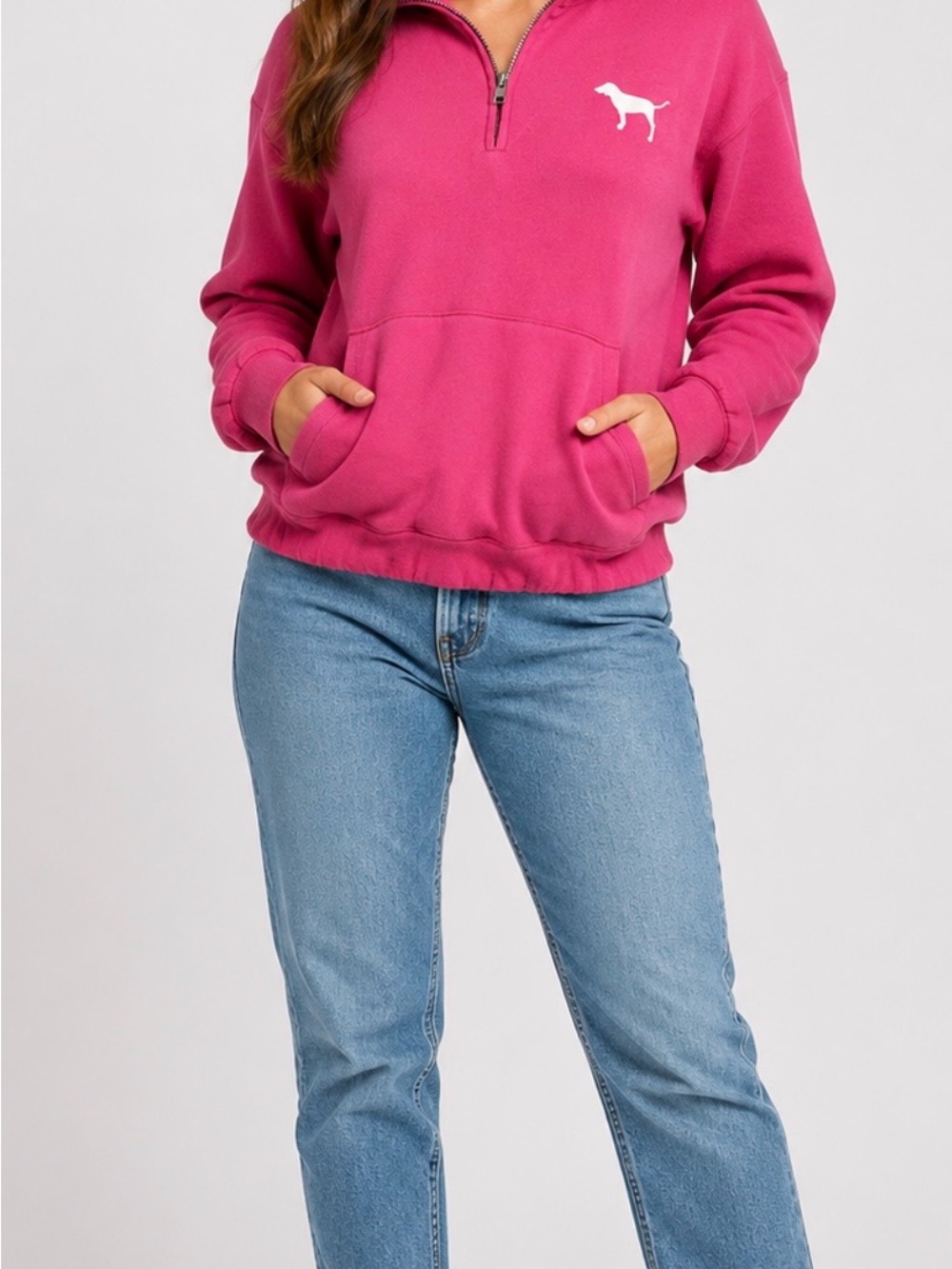 PINK Victoria's Secret Hot Pink Quarter-Zip Pullover with Dog Logo Small Y2K